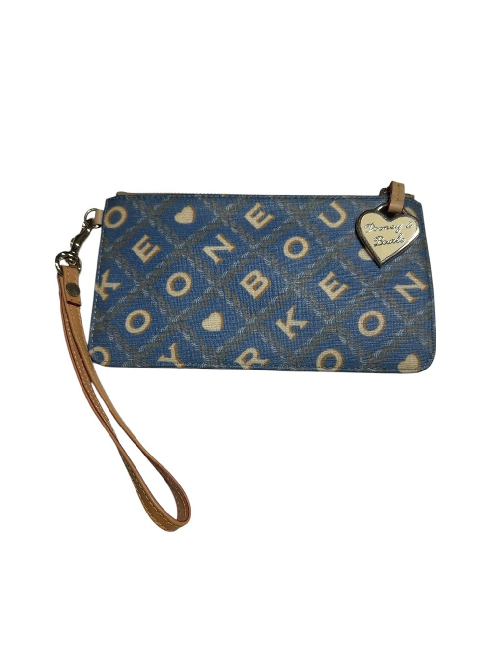 Dooney & Bourke Blue Monogram Wristlet with Heart Charm Zipper Pull